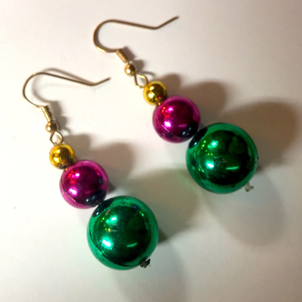 Handmade recycled Mardi Gras bead earrings